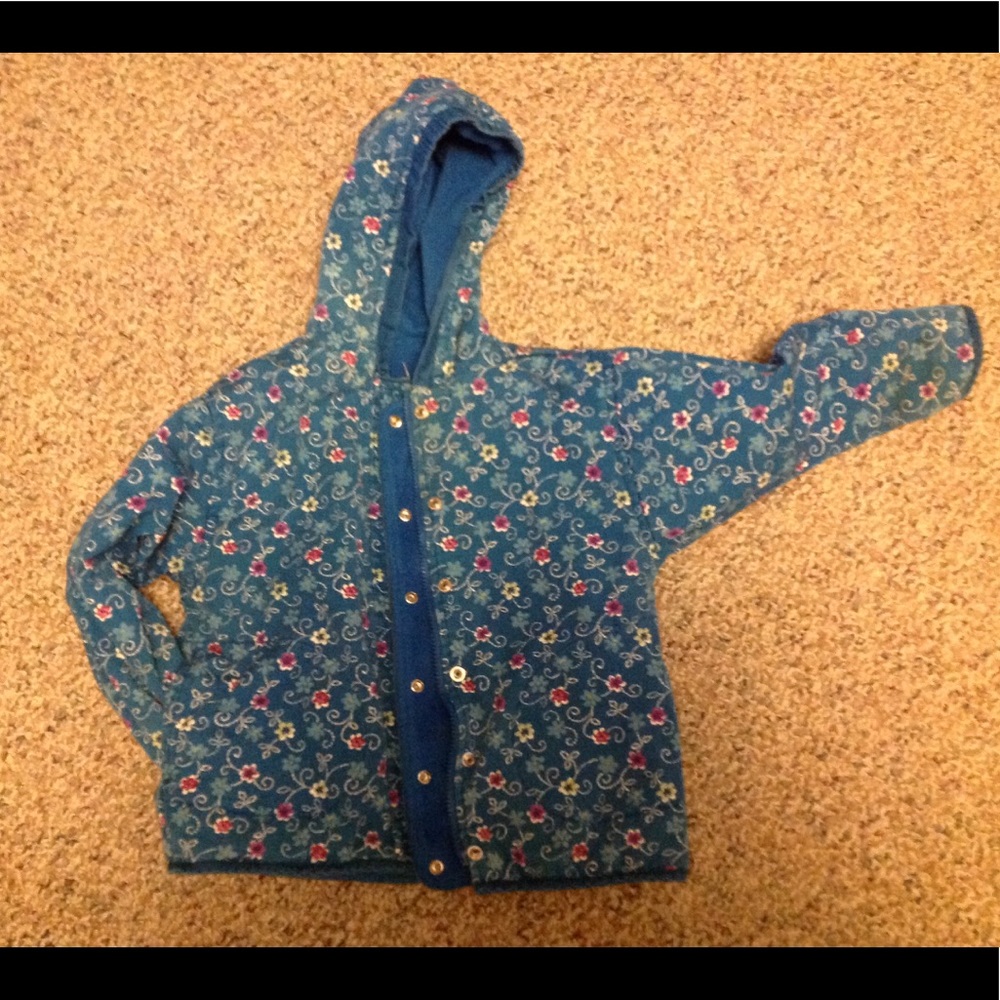 GYMBOREE- Reversible teal/teal floral hooded coat sz 4 - to 5 yrs - Picture 2 of 2